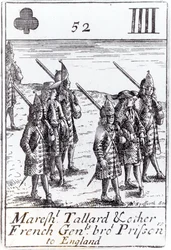 タラード元帥と他のフランスの将軍は捕虜をイギリスに連れて行きました、スペインの継承の戦争（1702-13）を記念するセットからの4つのクラブトランプ